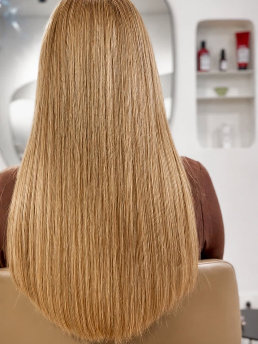 Après : Blond long, lisse et brillant